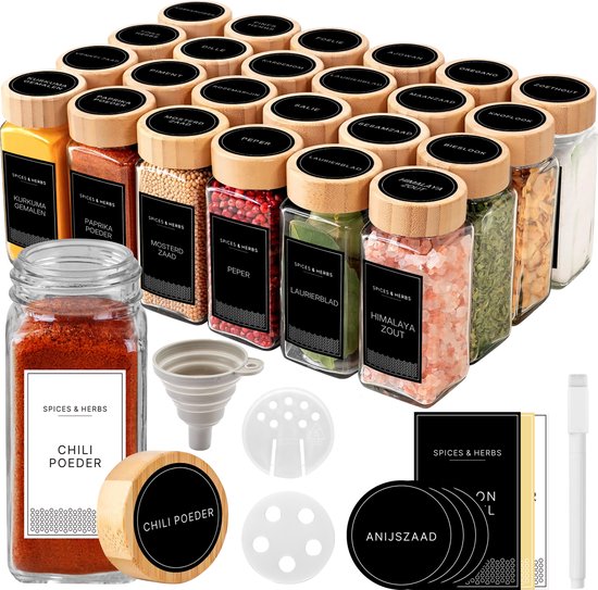24 Pots d'herbes aromatiques Carrés en Verres avec Couvercle en Bamboe - Shaker à Épices - Ensemble Complet avec Couvercles à Saupoudrer, Autocollants Pré-Imprimés et Entonnoir - Contenu 120 ml - 10,5 x 4,3 cm