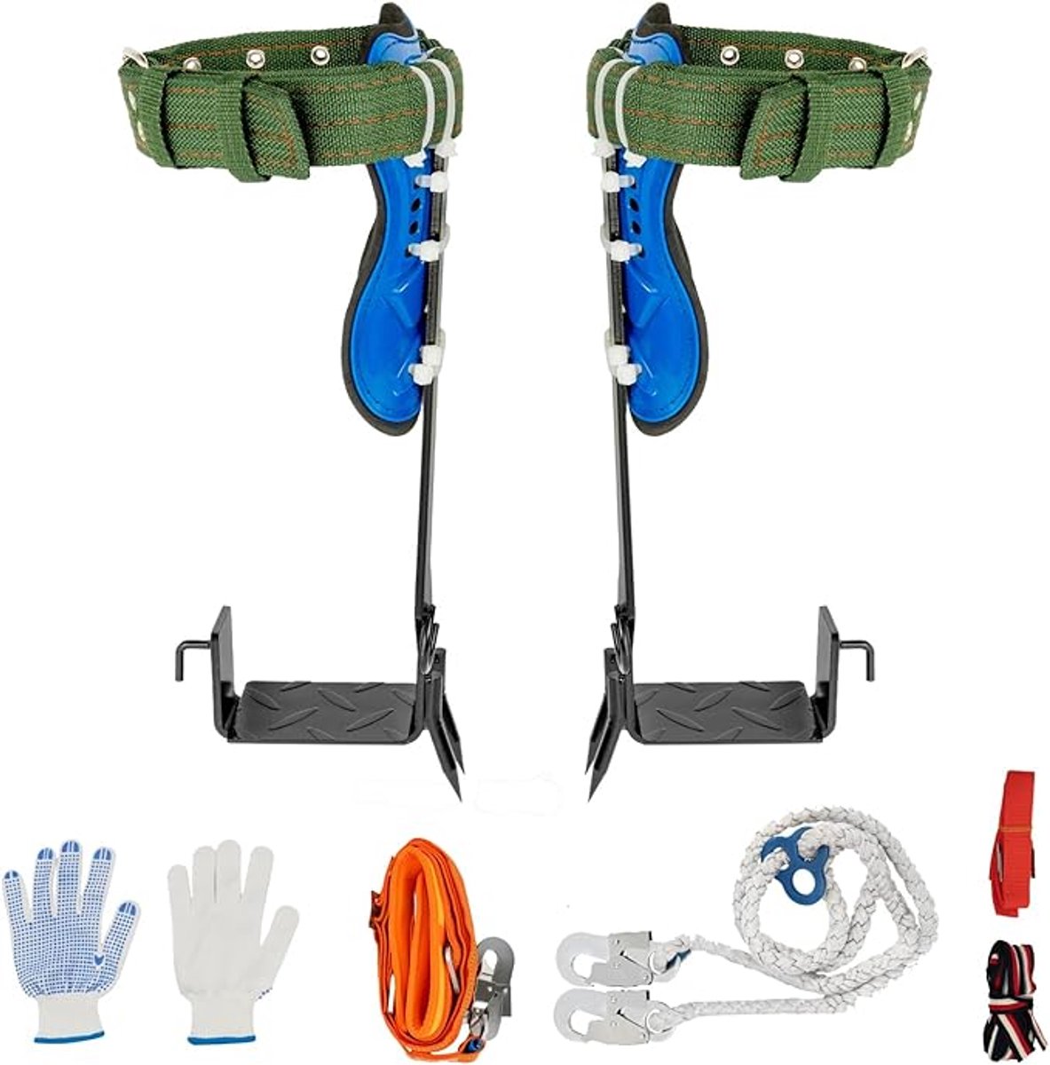 ZVD Klimijzers, boomklimuitrusting, set, boomklimming, spikes, in hoogte verstelbaar, veiligheidsgordels, gewichtscapaciteit 100 kg, professioneel boomklimgereedschap met handschoenen en voetriemen