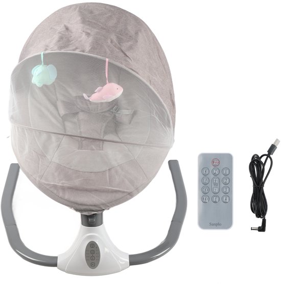 Elektrische Baby Schommelstoel met Bluetooth & Muziek – Baby Wiegstoel met Afstandsbediening & Klamboe – Opvouwbare Babystoel 0-24m – Babyschommel- Baby Swing- USB Aansluiting –4 Schommelsnelheden–Grijs