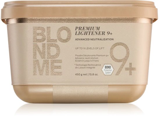 Beige container met een label met "BLOND ME PREMIUM LIGHTENER 9+", "ADVANCED NEUTRALIZATION", "UP TO 9 LEVELS OF LIFT" en "BOND Protection System".