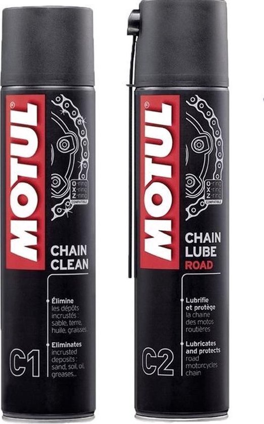 Twee Motul spuitbussen, C1 Chain Clean en C2 Chain Lube Road, met kettingafbeelding.