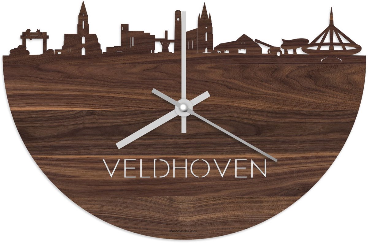 Skyline Klok Veldhoven Notenhout - Ø 40 cm - Stil uurwerk - Wanddecoratie - Meer steden beschikbaar - Woonkamer idee - Woondecoratie - City Art - Steden kunst - Cadeau voor hem - Cadeau voor haar - Jubileum - Trouwerij - Housewarming - WoodWideCities