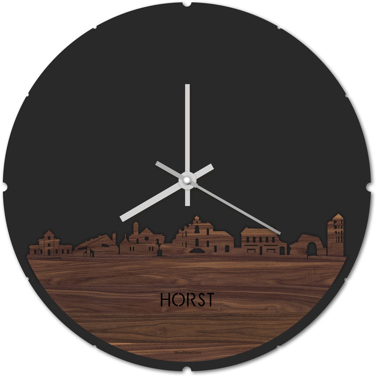 Skyline Klok Rond Horst Notenhout - Ø 44 cm - Stil uurwerk - Wanddecoratie - Meer steden beschikbaar - Woonkamer idee - Woondecoratie - City Art - Steden kunst - Cadeau voor hem - Cadeau voor haar - Jubileum - Trouwerij - Housewarming -