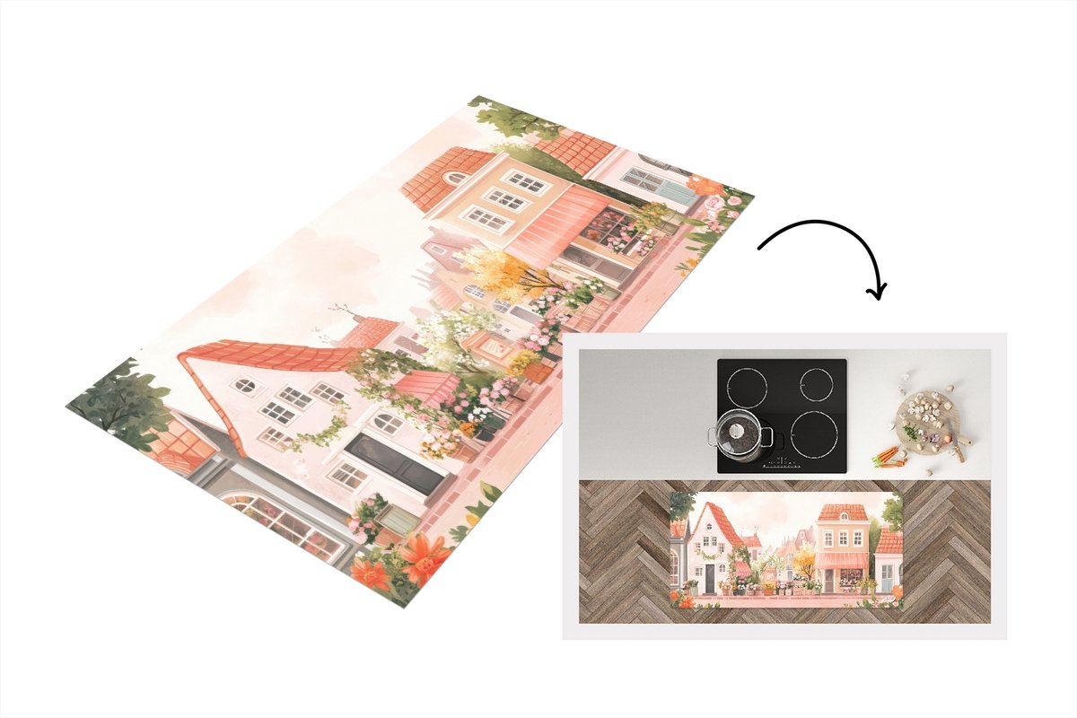 KitchenYeah Keukenloper 120x60 cm - Keukenmat vinyl Bloemen - Huizen - Dorp - Keukenmatten loper - Keuken vloerkleed tapijt Huisjes - Dorp