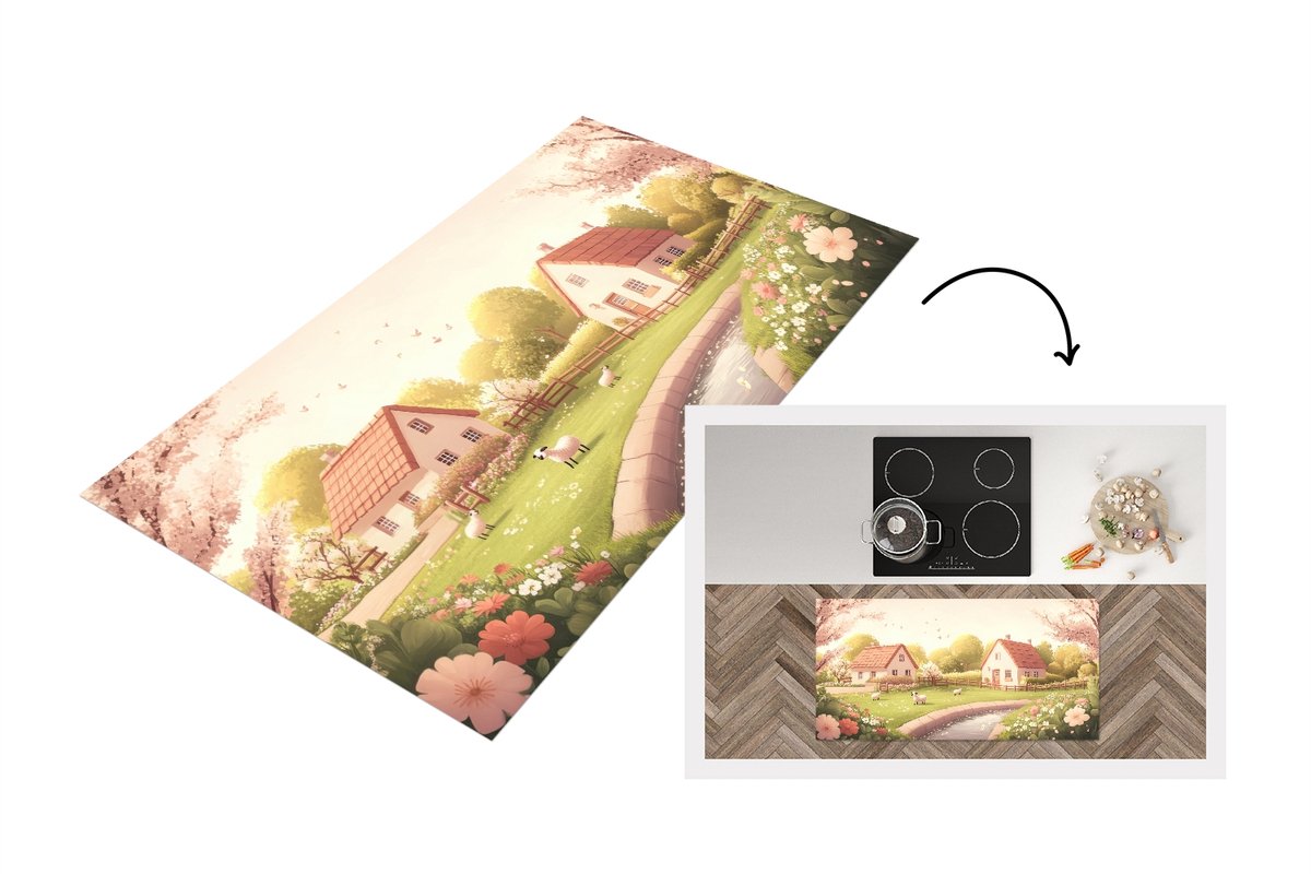 KitchenYeah Keukenloper 120x60 cm - Keukenmat vinyl Schapen - Huisje - Platteland - Keukenmatten loper - Keuken vloerkleed tapijt Huisjes - Platteland