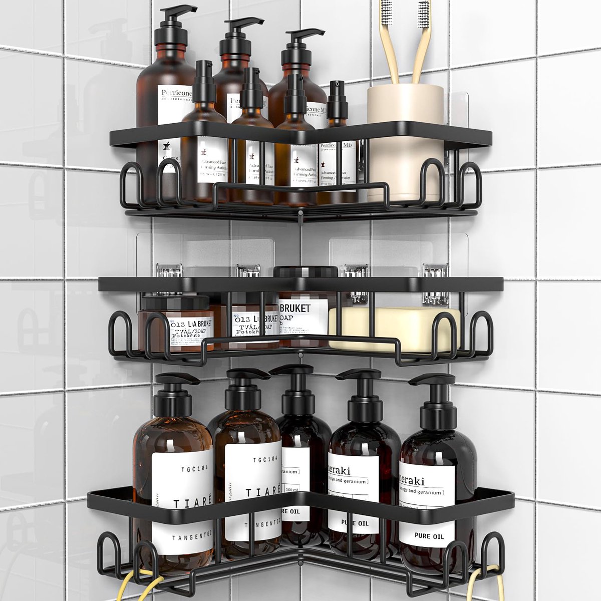 Ibenzoa® Ruimtebesparende hoekige doucheplank zonder boren, multifunctionele badkamerorganizer in zwart, set van 3