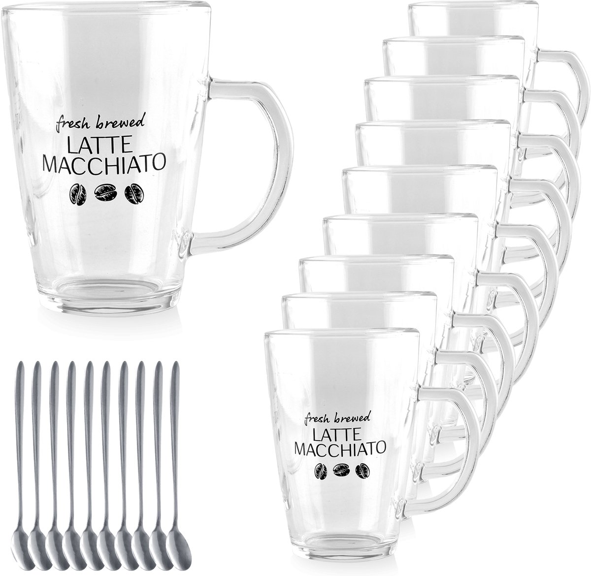 Latte Macchiato Glazen Set van 10 – Inclusief 10 Lepels – 300ml Koffieglazen van Transparant Glas – Magnetronbestendig – Voor Cappuccino & Espresso