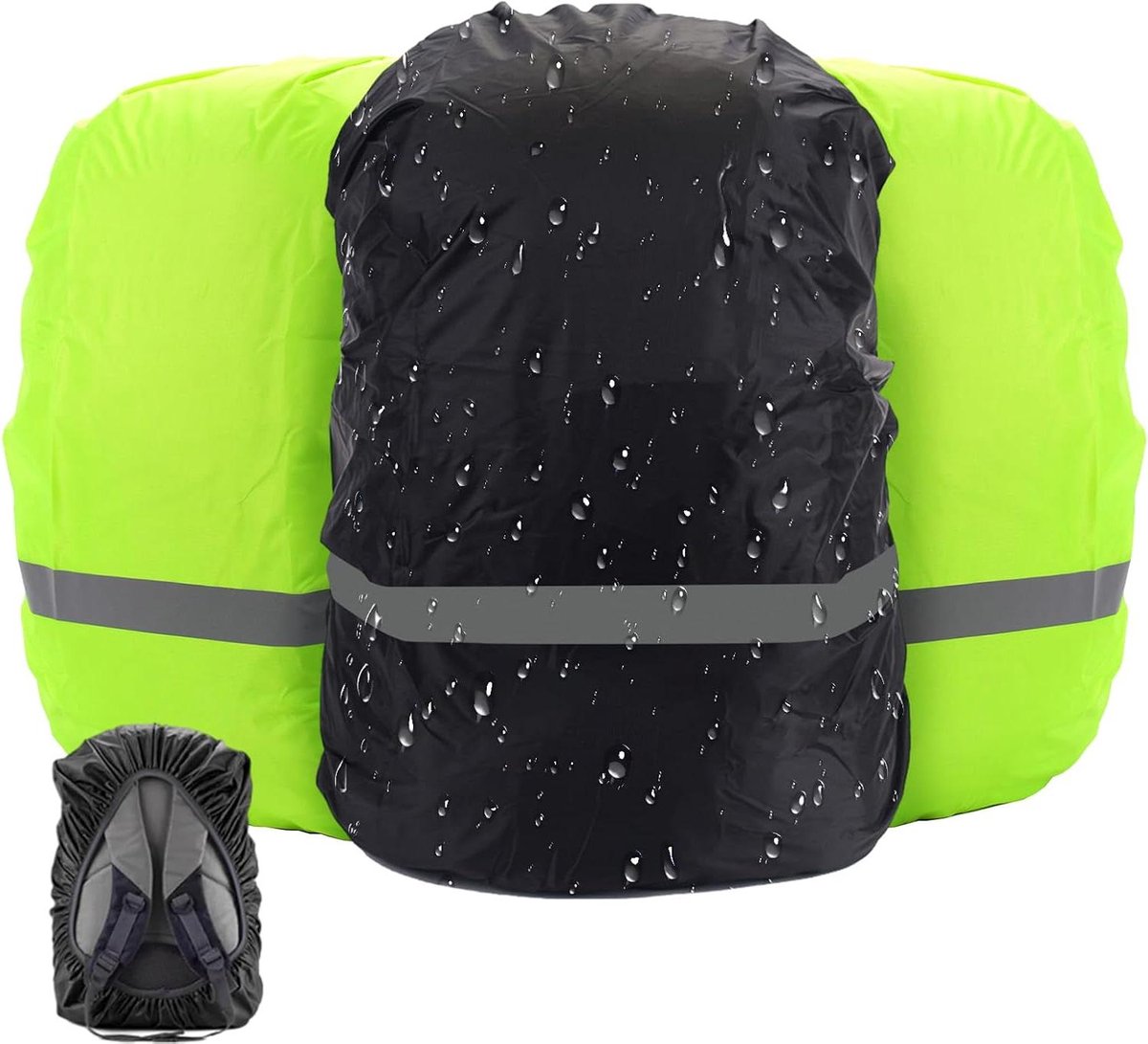Regenhoezen voor rugzakken - Set van 3 stuks - Waterdichte regenhoes voor 18-30 liter rugzakken - Ideaal voor wandelen, kamperen en fietsen - Reflecterende strepen - Geschikt voor schooltassen - Kleur: 2 groen + 1 zwart
