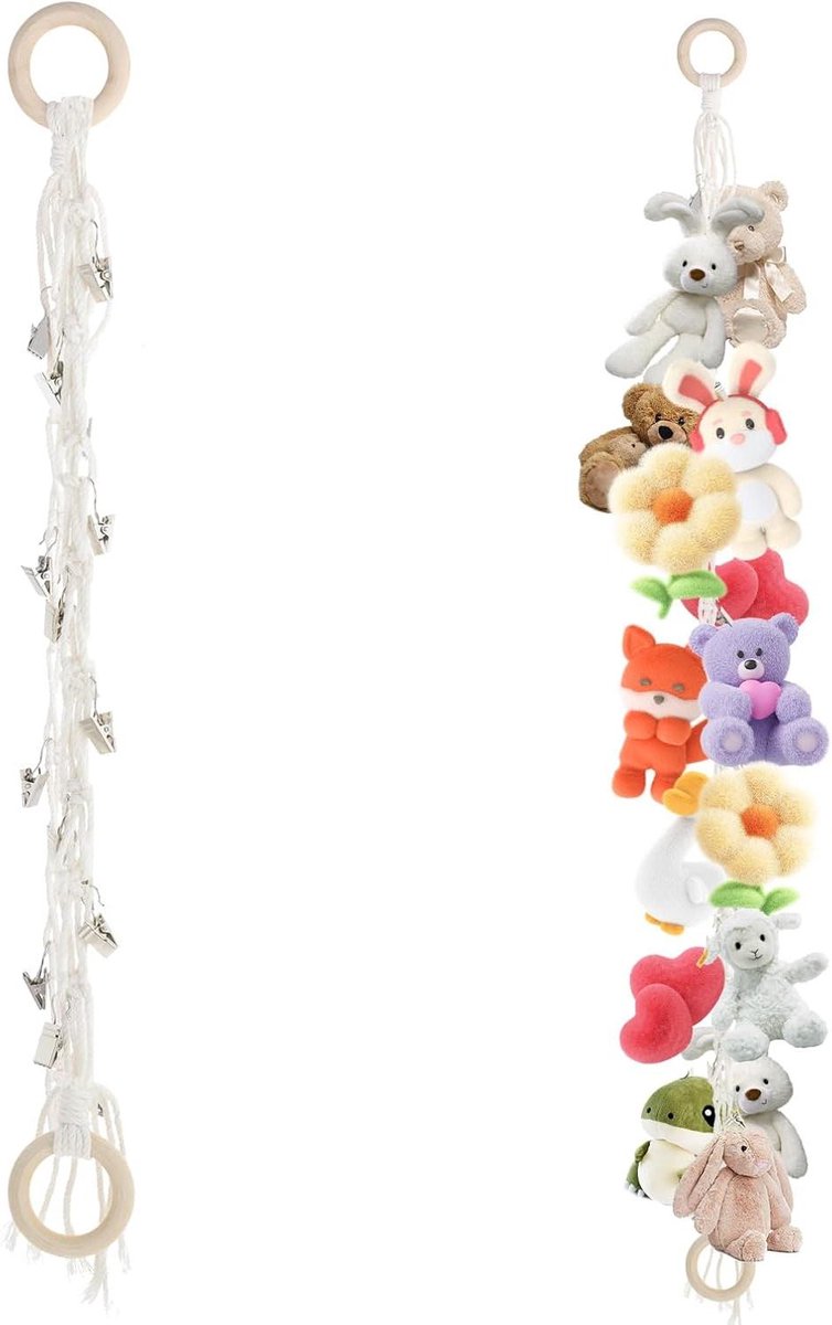Allecto Plus - Opbergruimte voor zacht speelgoed met 20 stuks clips - Knuffeldier organisator hangmat - Knuffeldieren opslag met ketting - Pluche speelgoed ophang systeem