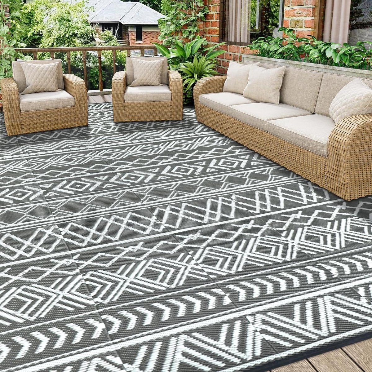 Waterdichte omkeerbare terrasmat 245 x 305 cm - Grijs/wit - UV-bestendig - Voor camper, balkon en strand terras