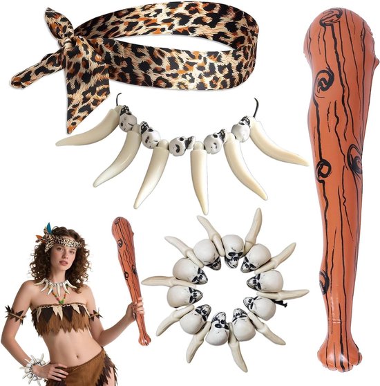 Allecto Plus - Holbewoner Kleding Accessoires Set - Opblaasbare Wolfshamers Leopard Print Hoofdband Ivoren Schedelketting en Armband - Feestkleding Accessoires voor Holbewoners