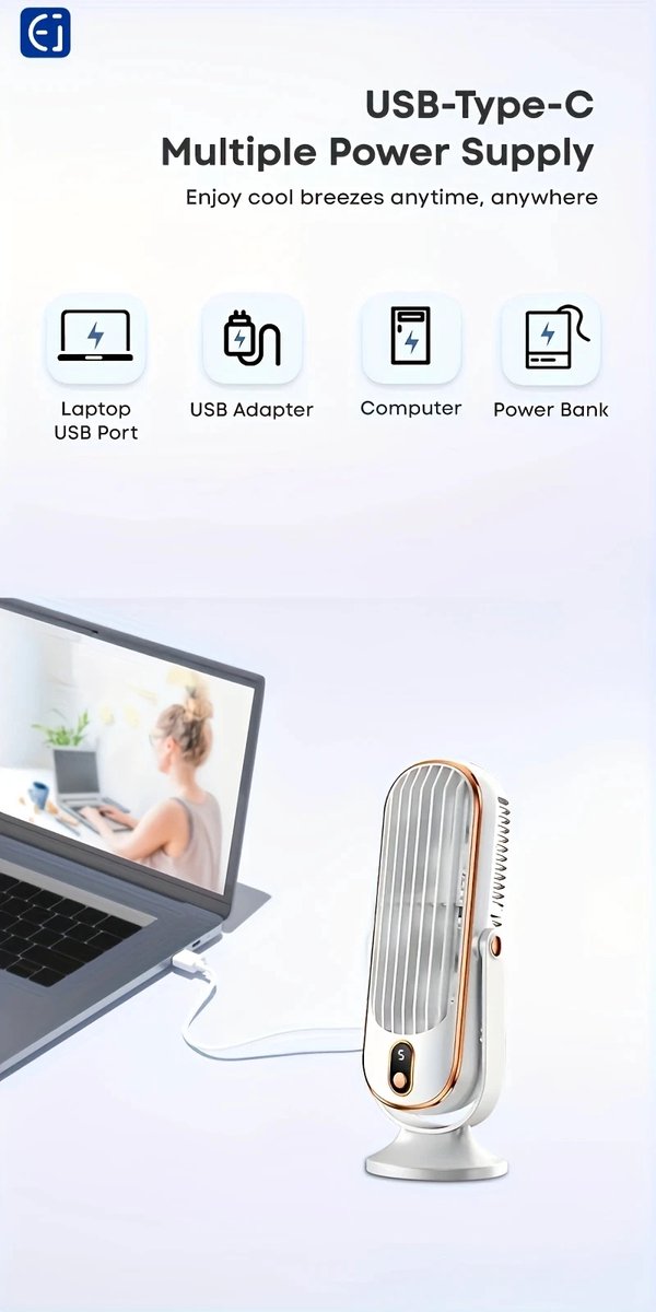 Krachtige Ventilator - Oplaadbare + 180graden Kantelbare Ventilator - 5Modi/Standen - Draagbare Hand + Tafel Ventilator - Voor de Ultieme Verkoeling + de Perfecte Reiseditie - Kleur: Wit thumbnail 3