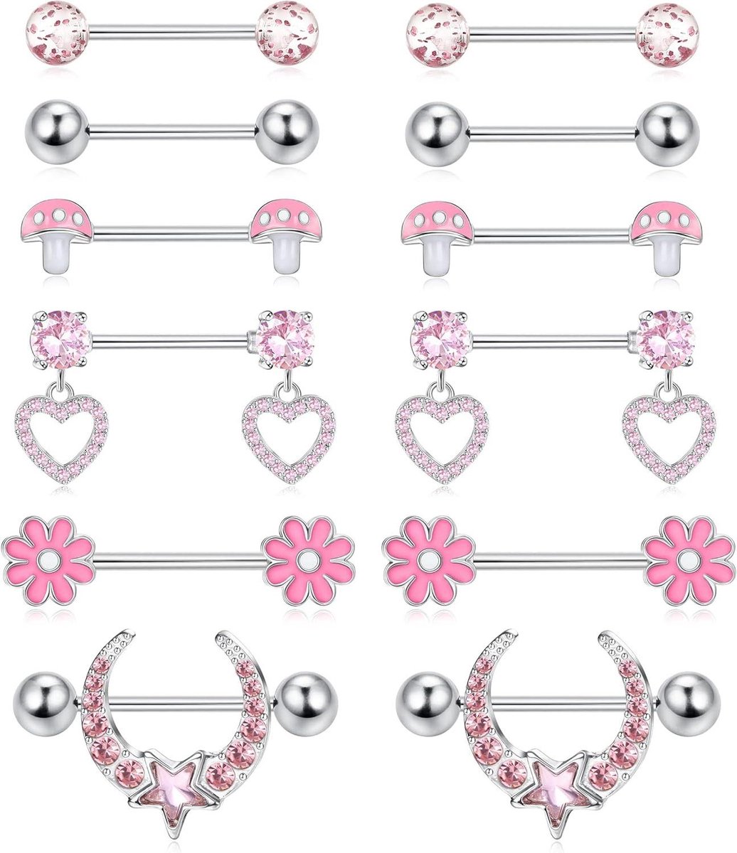 Allecto Plus - 6 paar 14G tepelpiercing sieraden voor vrouwen, roestvrij staal, hypoallergeen - Hart Maan Ster Paddestoel Halters - Body Piercing Sieraden - Tepelstaafjes