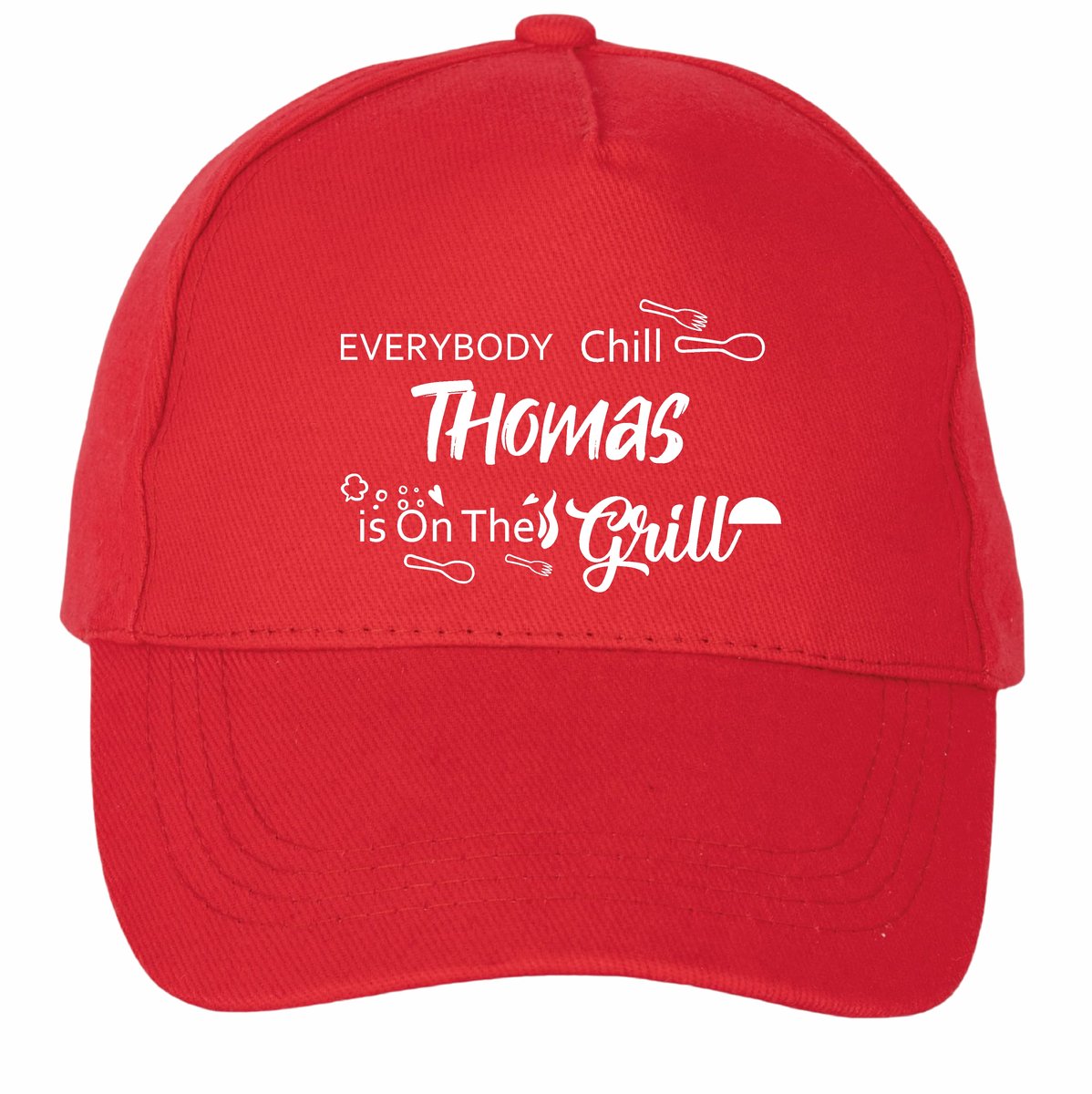 Mijncadeautje - 5 panel - BBQ Cap - Verstelbaar - Pet van 100% dik geborsteld katoen- unisex - opdruk wit - Everybody Chill - met voornaam - Rood