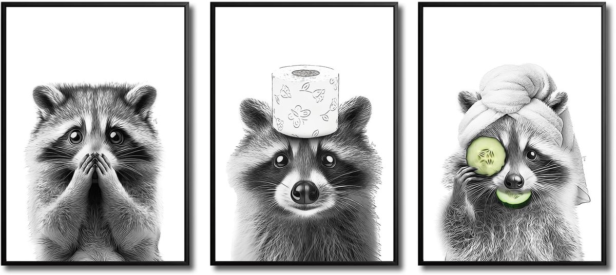 Ibenzoa Humoristische Zwart-Wit Badkamerdecoratie op Canvas - Grappige Wasbeer Toilet Poster Set van 3