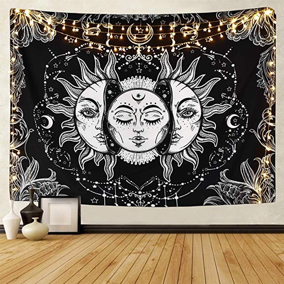 Ibenzoa Zwarte en Witte Bohemien Mandala Wanddecoratie met Zon en Maan 148x200cm A-zon en maan