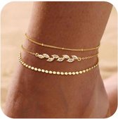 Ensemble de 3 bracelets de cheville pour femme en or véritable 14 carats plaqué or | Imperméable et réglable | Bracelets de cheville superposés pour l'été | Cadeau de bijoux de plage