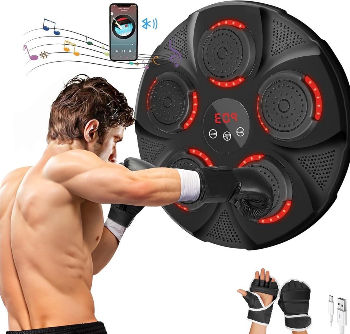 Thuys – Music Boxing Machine Met Bokshandschoenen – Met LED – Scherm – Geschikt Voor Kinderen En Volwassenen – Zwart/Rood