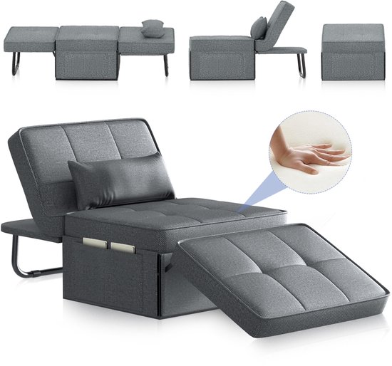 Slaapbank 1 Persoons - 4-In-1 Bank met Slaapfunctie - Verstelbare Bedbank met Kussens en Opbergzakken - Hoekbank met Slaapfunctie voor Woonkamer Slaapkamer Logeerkamer - Donkergrijs - 180x80x38 cm