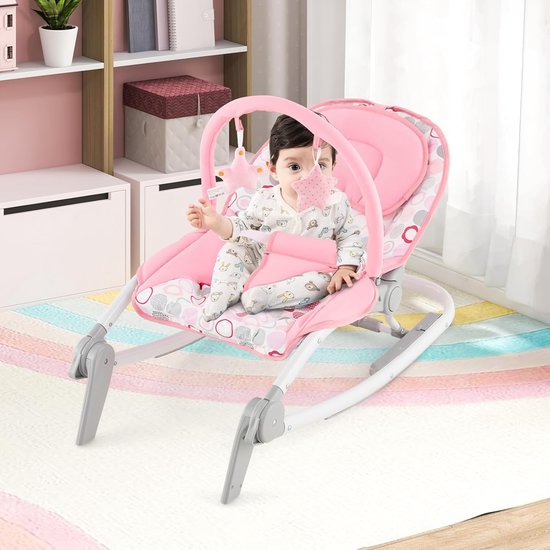 COSTWAY 2-in-1 babywip, inklapbaar, draagbare babyschommel met 3-traps verstelbare rugleuning en afneembare speelboog, babywip met veiligheidsgordel, babywieg tot 9 kg belastbaar (roze) — afbeelding 4