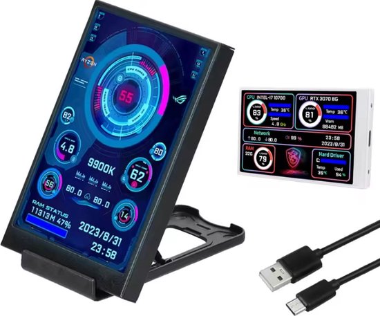 Gamers Mini Scherm – 3,5 Inch – Systeemmonitor voor Desktop – Statistieken en Temperatuurweergave – Inbouwbaar – IPS Display
