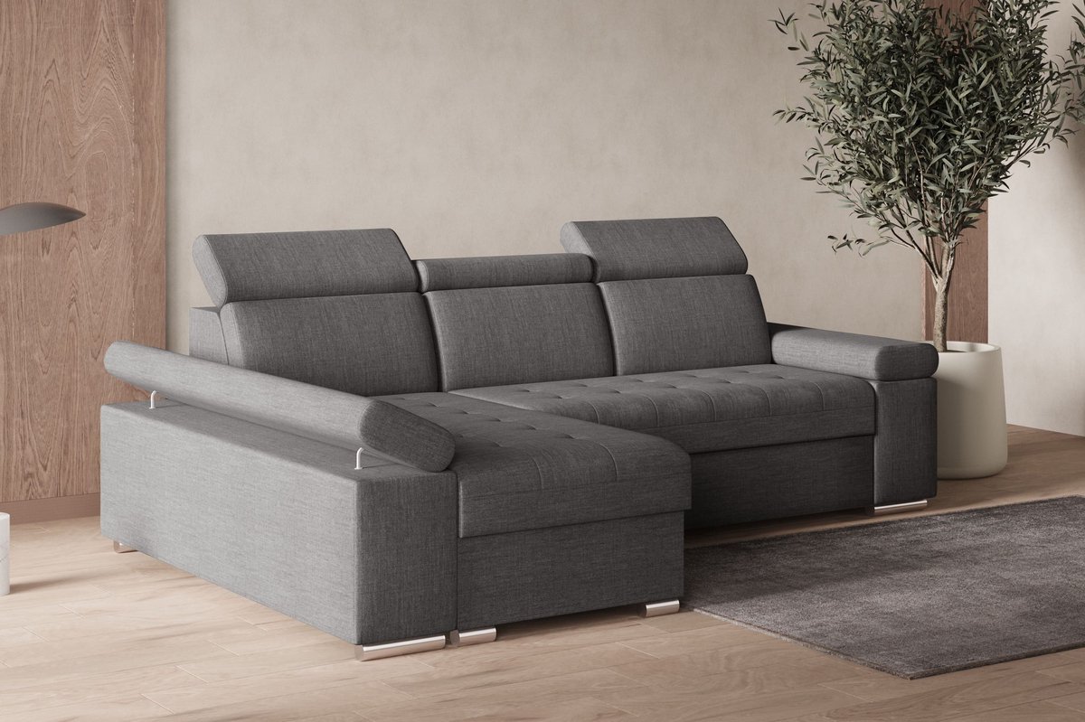 Hoekbank L met slaapfunctie, verstelbare hoofdsteunen & bedlade – Moderne slaapbank met opbergruimte – Hoekbank Luka L – Grijs (Twist 20) – Links