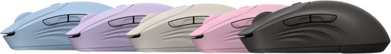 Vijf HP 400 Stille Draadloze Muis-modellen in verschillende kleuren: blauw, paars, crème, roze en zwart.