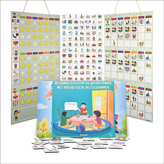 Smarfer - Magnetische pictogrammen - Beloningssysteem en Planbord (2 borden) - 67 x 33,5 cm - Weekplanner kind - gekleurde pictogrammen - dagritme kaarten - autisme planner - beloningskaart - beloningskalender - educatief & magnetisch speelgoed