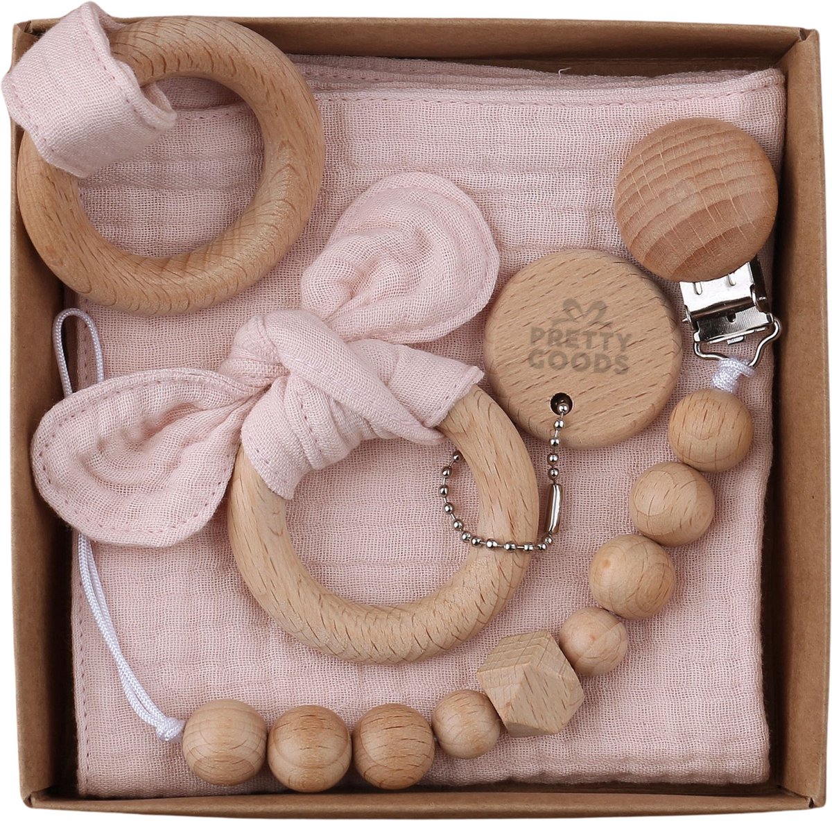 Baby Cadeau – Kraamcadeau Unisex – 3-delige Geschenkset met Bijtring, Speenkoord & Knuffeldoekje – Babyshower / Gender Reveal - Licht Roze