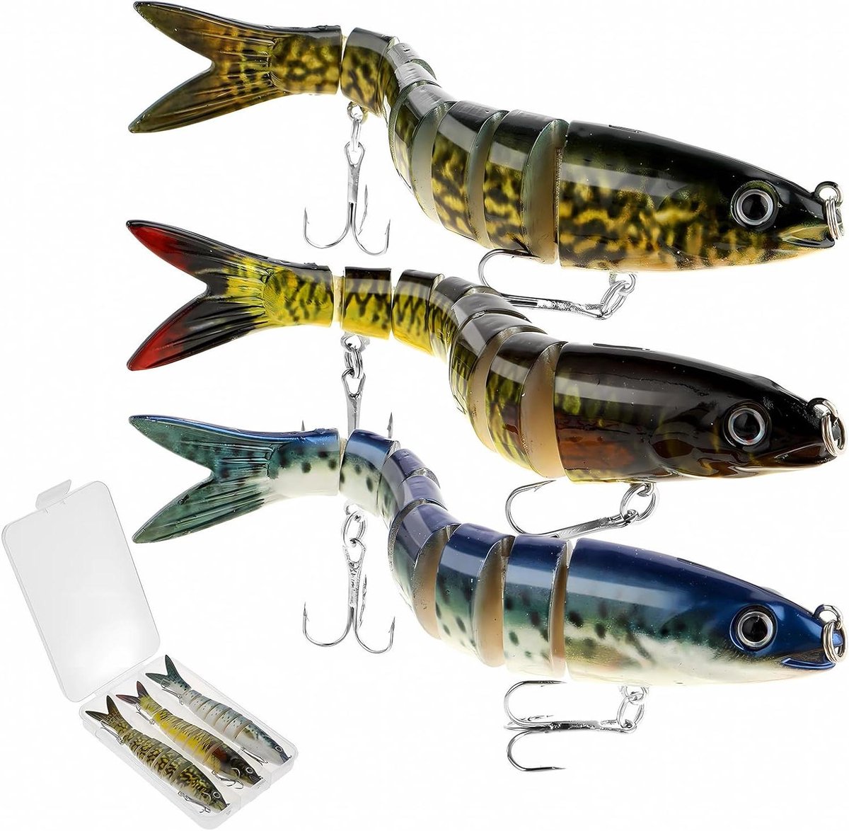 Allecto Plus - Levensecht Viskunstaas Multi-Jointed Swimbait Set van 3 stuks voor Bas Forel Snoekbaarzen - Langzaam Zinkend - Opbergdoos - Zoetwater Zoutwater Vissen.