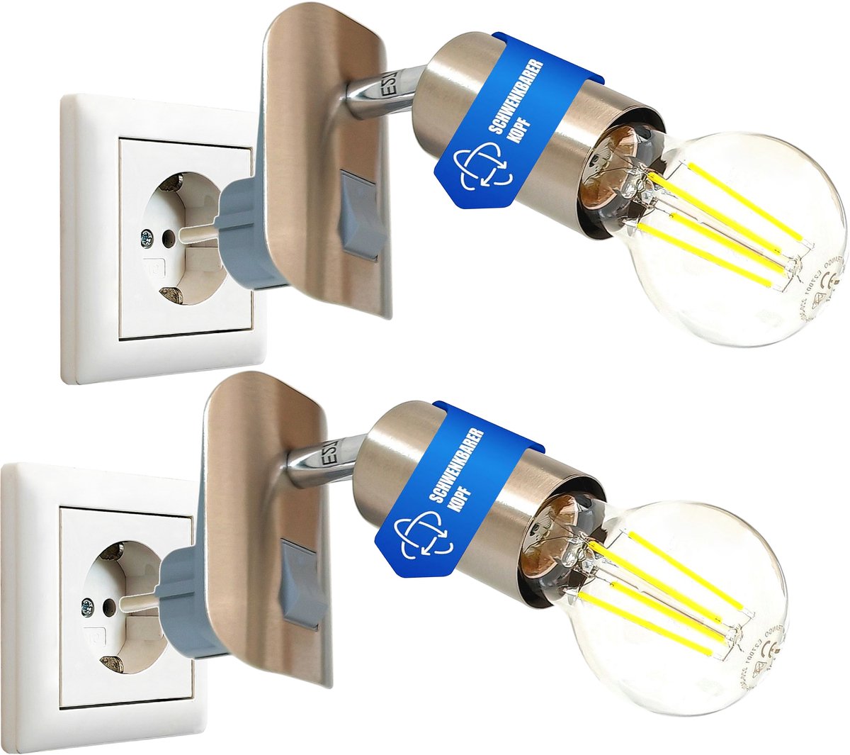 Trango Set van 2 11-260 LED stekkerlamp incl. 1x 3000K warm witte E27 LED lamp in nikkel mat *ANNA* Wandlamp, leeslamp, keukenlamp, nachtlampje, wandlamp, keukenlamp, stekkerlamp