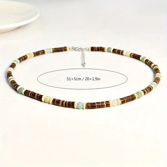 Bruine en beige kralen ketting met lichtblauwe kralen, met afmeting 51+5cm / 20+1.9in.