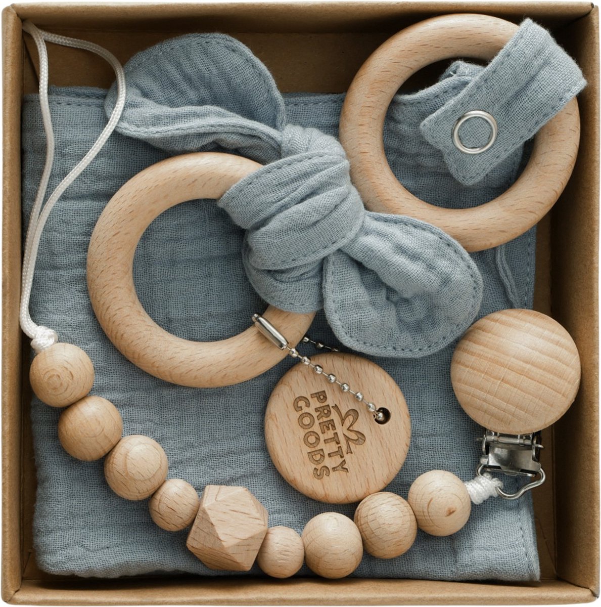 Baby Cadeau – Kraamcadeau Unisex – 3-delige Geschenkset met Bijtring, Speenkoord & Knuffeldoekje – Babyshower / Gender Reveal - Blauw