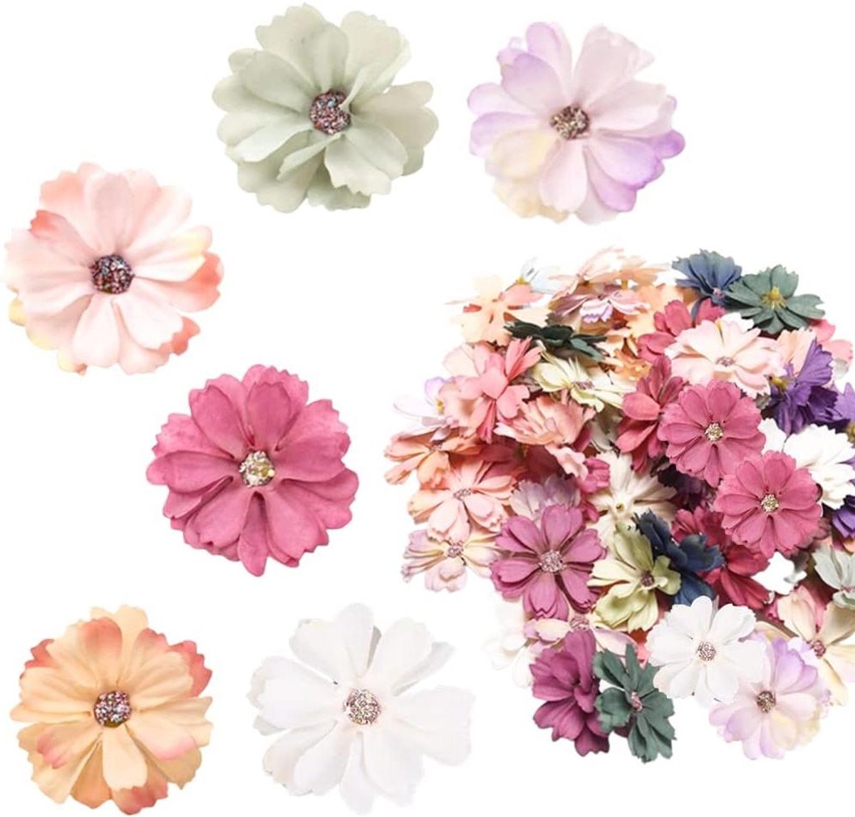 Allecto Plus - Kunstbloemen decoratie set van 60 madeliefjes bloemkoppen voor knutselen en decoratie - Zijden bloemen, DIY handwerk, scrapbooking - Voor bruiloft en feesten