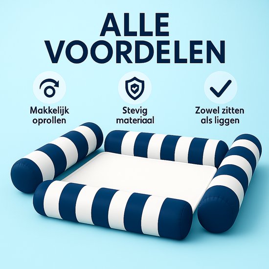 Donkerblauw-wit gestreepte waterhangmat: makkelijk oprollen, stevig materiaal, zitten en liggen.
