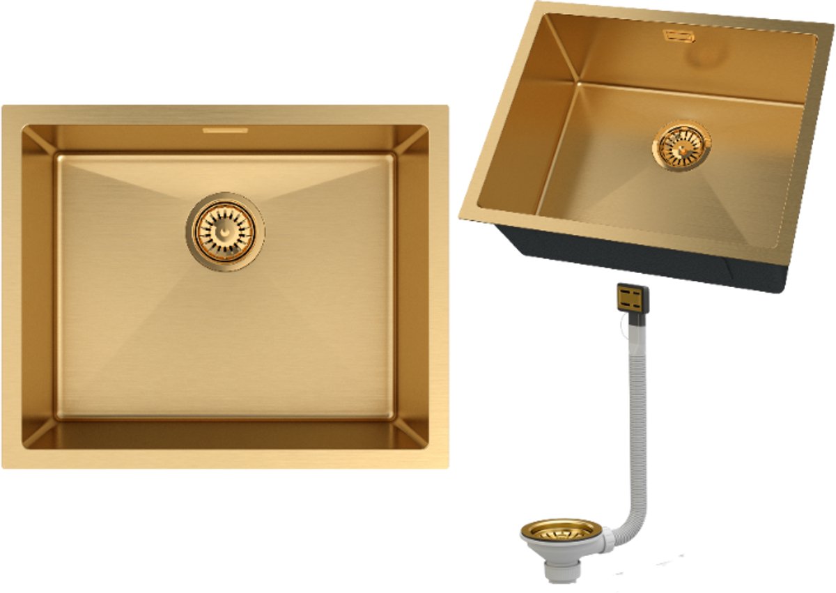 Granitan Spoelbakken Keuken RVS Silvo54 - Wasbak Goud met Sifon - Spoelbak Keuken - 54x44cm