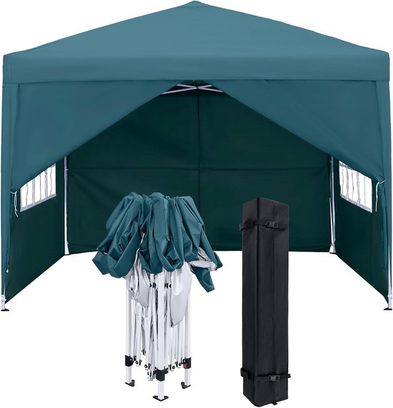 Tente de réception pliante 3 x 3 m, étanche, avec parois latérales – Tente Pop-up avec sac de transport, hauteur réglable, protection UV – Pavillon de jardin pour Jardin, terrasse, camping, marché – Vert-Bleu