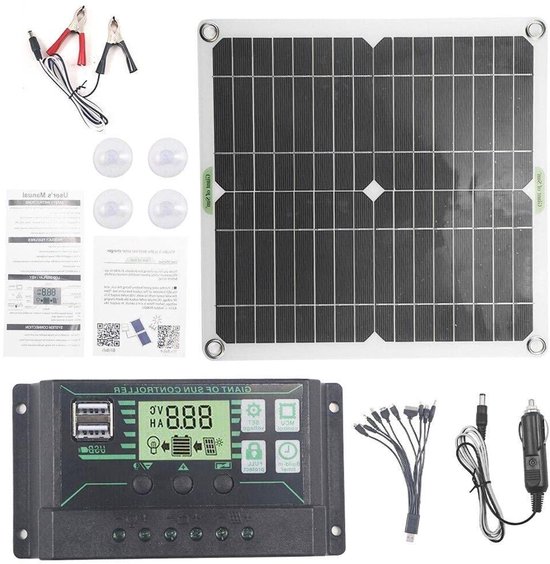 Allecto Plus - Zonnepaneel Kit met 30W Paneel en 10-In-1 Oplaadlijn - Voor Caravans, Boot, Kamperen, Vissen - 12V Oplader met 50A Controller