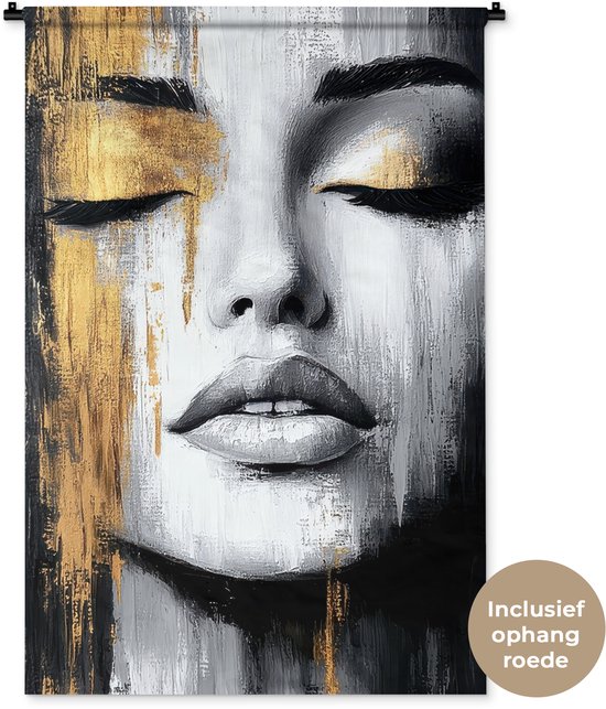 Wandkleed 90x135 cm - Wanddoek Gezicht - Vrouw - Penseelstreken - Abstract - Wandtapijt - Wandkleden