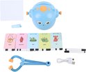 Blauwe tekenrobot met pen, tekenkaarten met 'teapot', 'roast duck', 'tank', 'grass', 'fox', een blanco bord en USB-kabel.
