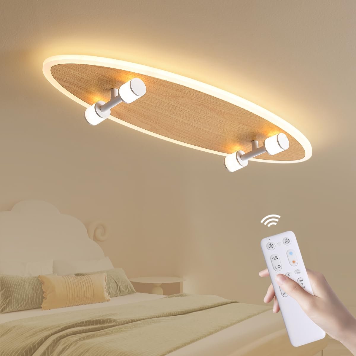 Epochglo LED Plafondlamp Kinderkamer - Skateboard Design (55cm) met Lichtgevende Wielen - 24W 2200LM - Dimbaar (3000K-6000K) - Plafonniere met Afstandsbediening, Nachtlampje & Timer - Stoere Slaapkamerlamp voor Jongens & Meisjes