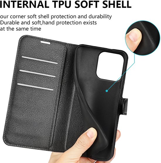 Zwart kunstleren telefoonhoesje met magnetische sluiting en interne TPU soft shell, getoond met een hand die de shell eruit haalt.