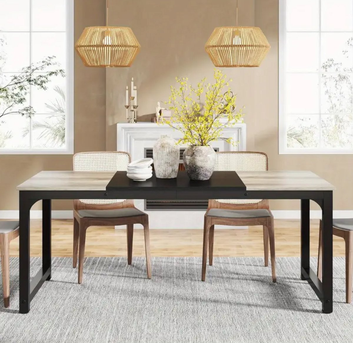 Loire Design Industriële Eettafel 180 cm – Grijs Hout & Zwart Metaal – Voor 6-8 Personen – Rechthoekige Keukentafel met Stevig Frame