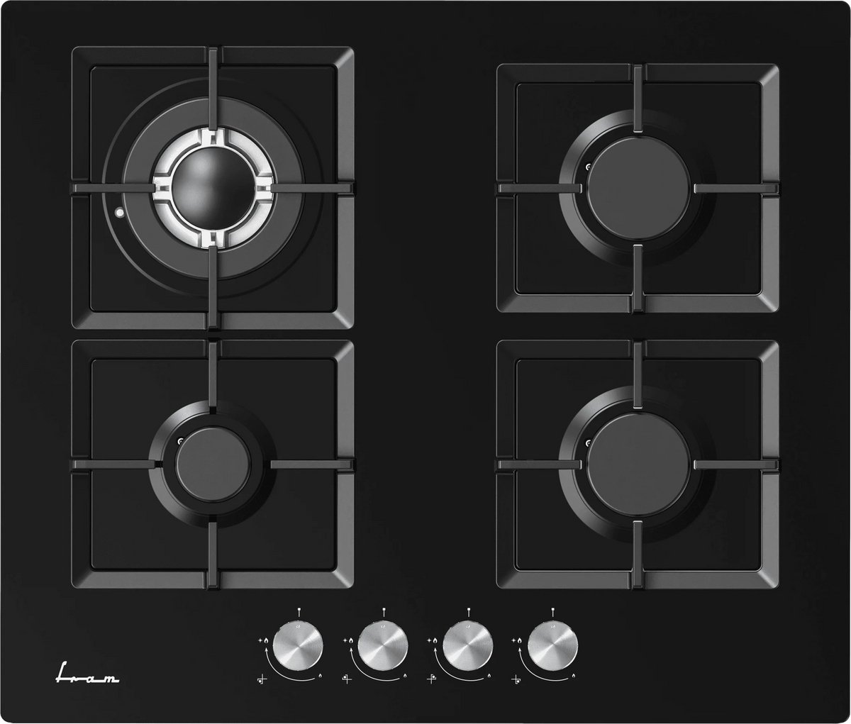 Fram FBH-M4IWF-GBK Inbouw Gaskookplaat – 60 cm – 4 Branders – Wok – Elektronische Ontsteking – 5 Jaar Garantie – Zwart Glas