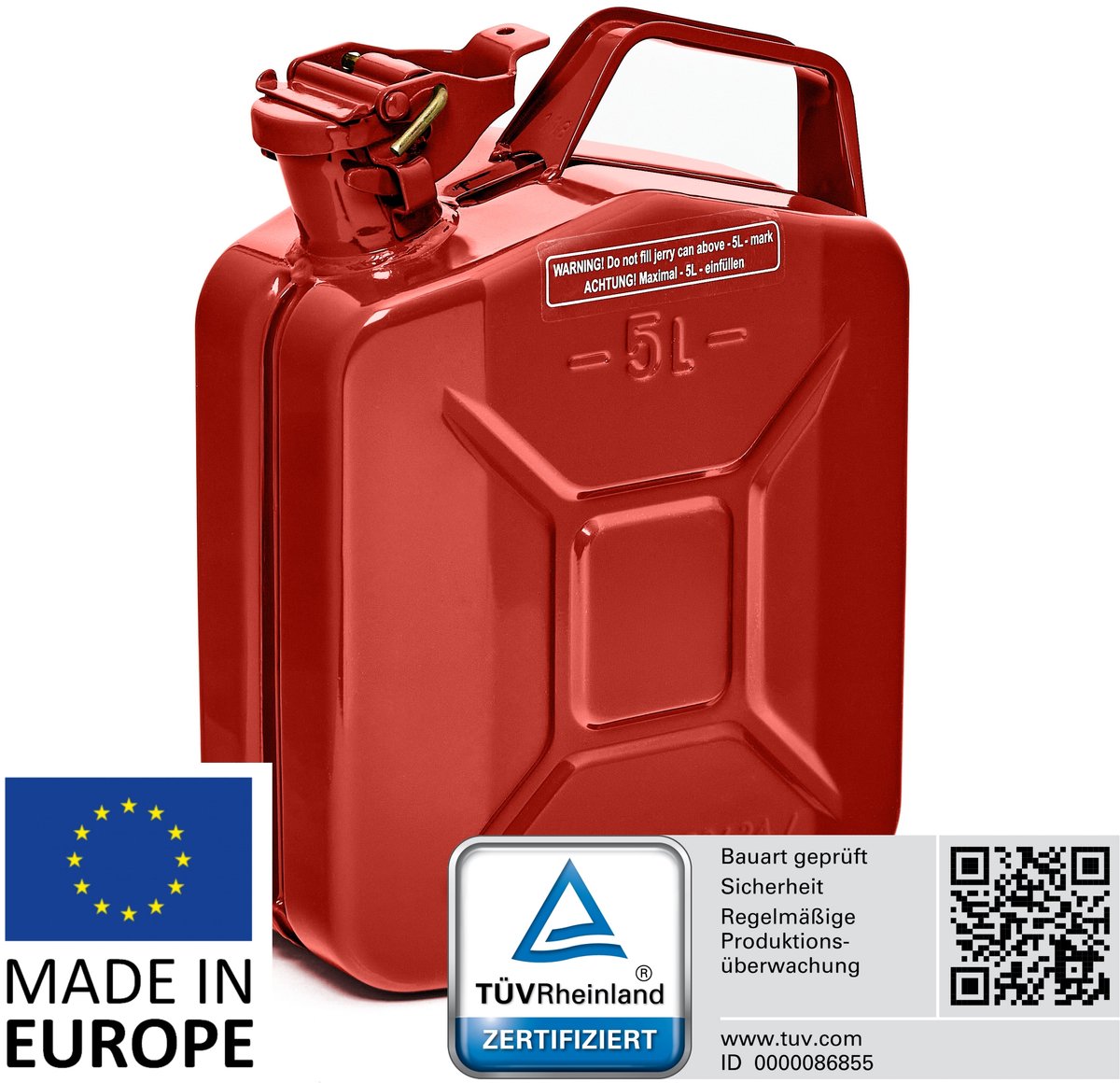 BW® Fuel Canister Metalen Benzineblik - Jerrycan 5 Liter - Rood - TÜV-getest en UN-goedgekeurd - Gemaakt in Europa