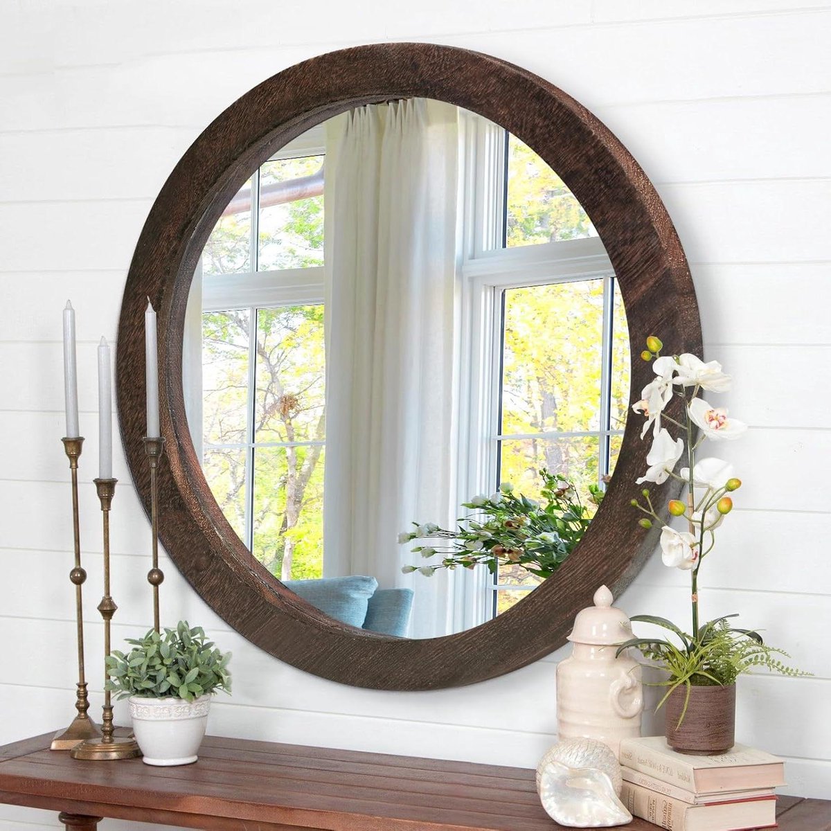 Smoakez - Ronde Wandspiegel 40CM Voor Badkamer en Woonkamer Decoratie met Houten Frame