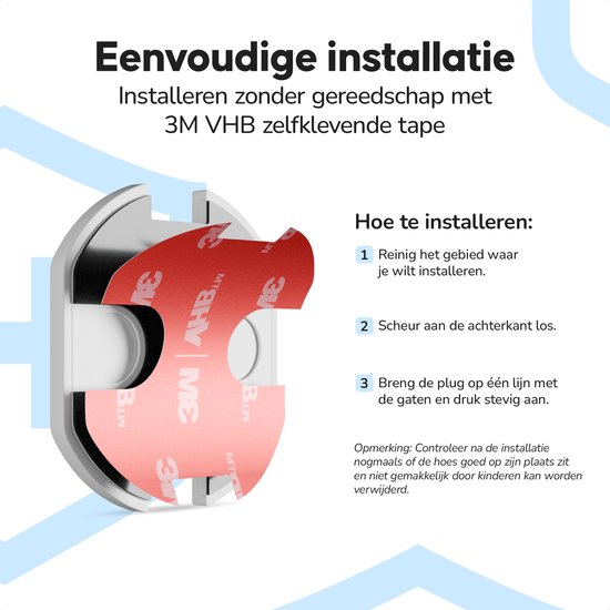 Wit stopcontactbeveiligingsproduct met 3M VHB tape op de achterkant, met installatie-instructies.