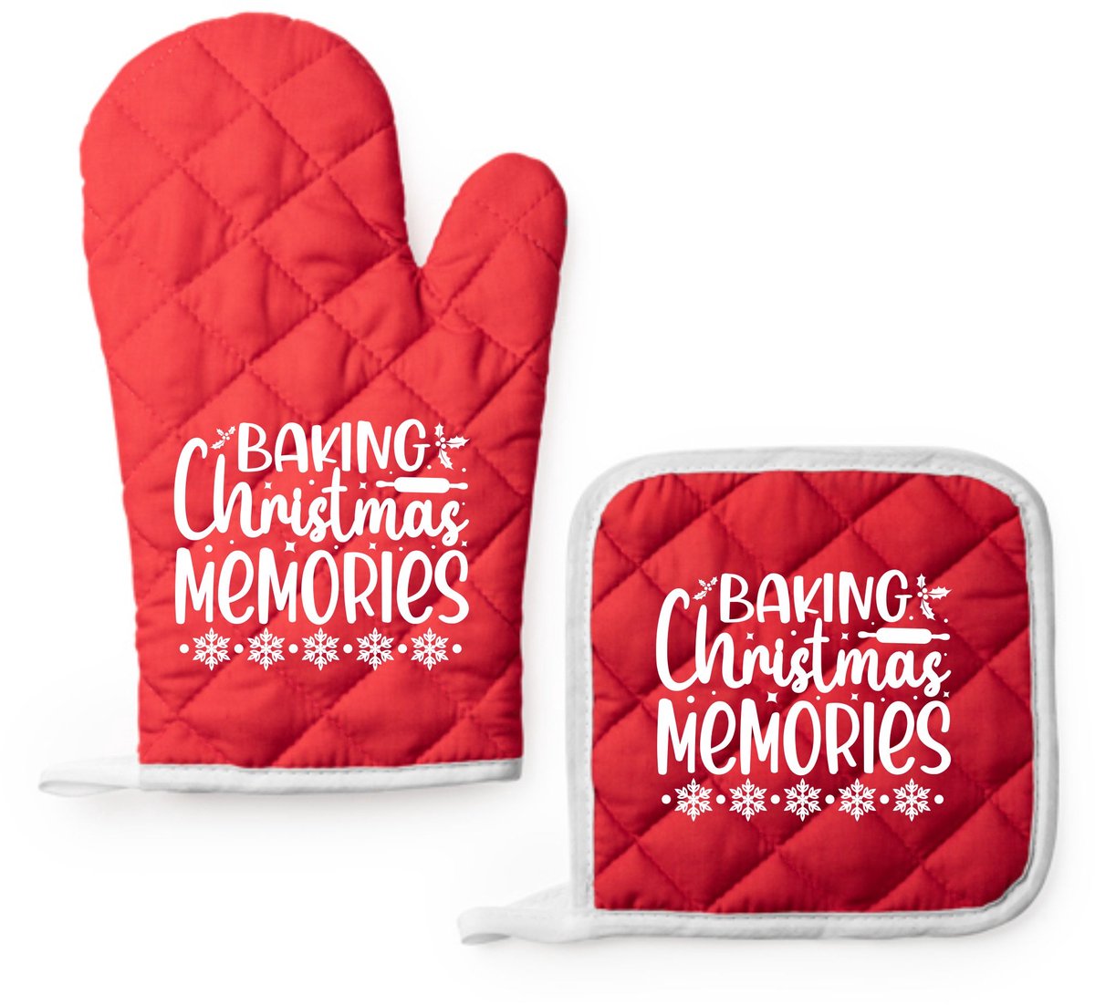 EIZOOK Kerst Kookset – Rode Ovenwant en Pannenlap met Speelse Tekst Print - BAKING CHRISTMAS MEMORIES