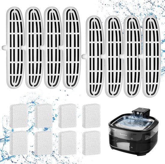 Set van 8 witte filters en 8 witte schuimfilters voor kattenwaterfontein. Zwarte waterfontein op achtergrond.