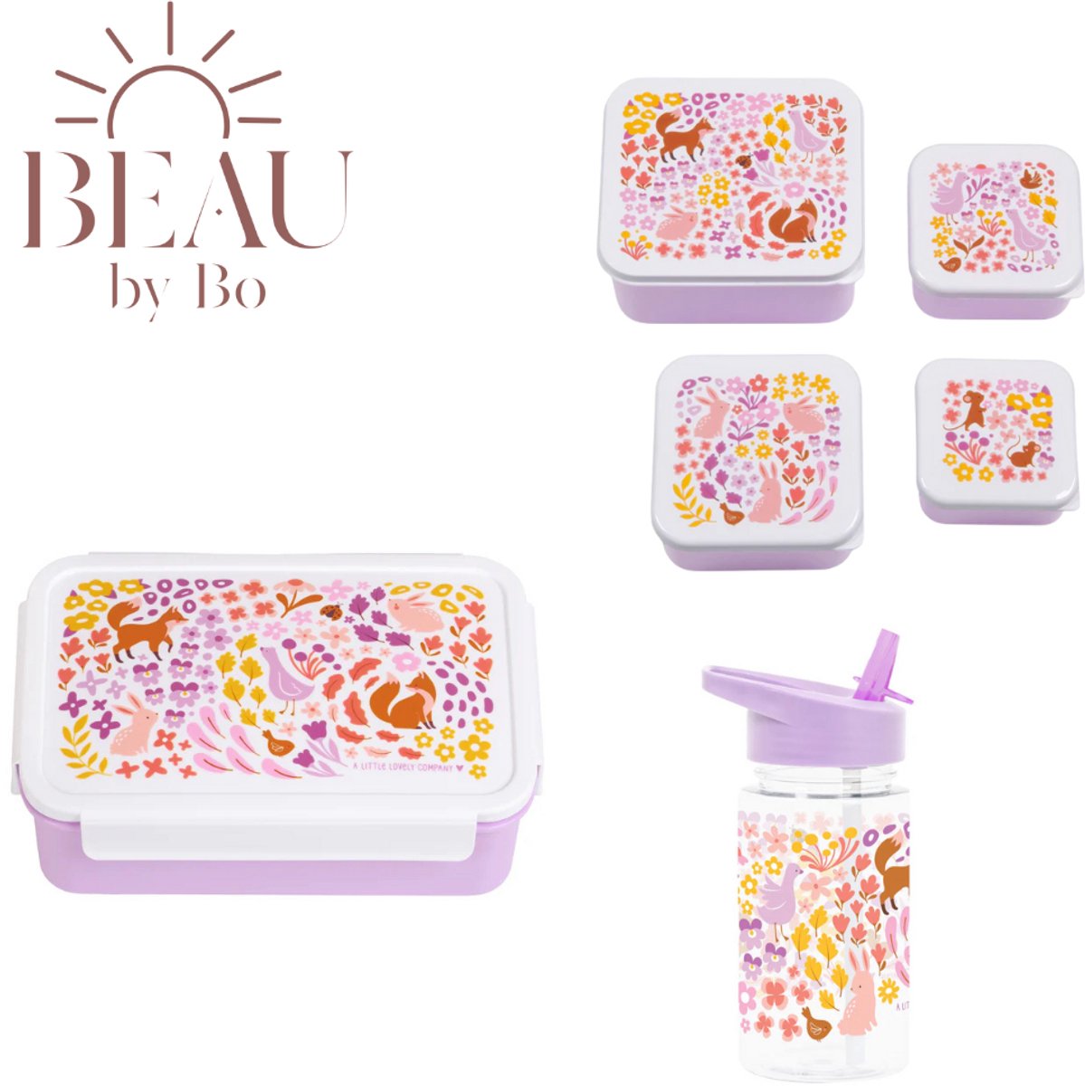 Bundel A Little Lovely Company Back to school set - Drinkfles/4 Snackdozen/Bentobox - Bloementuin